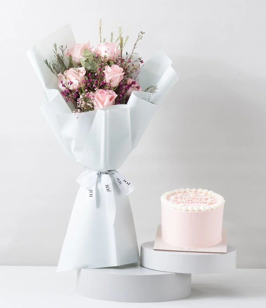 Petal Whisper Hand Bouquet & Happy Birthday Cake Bundle