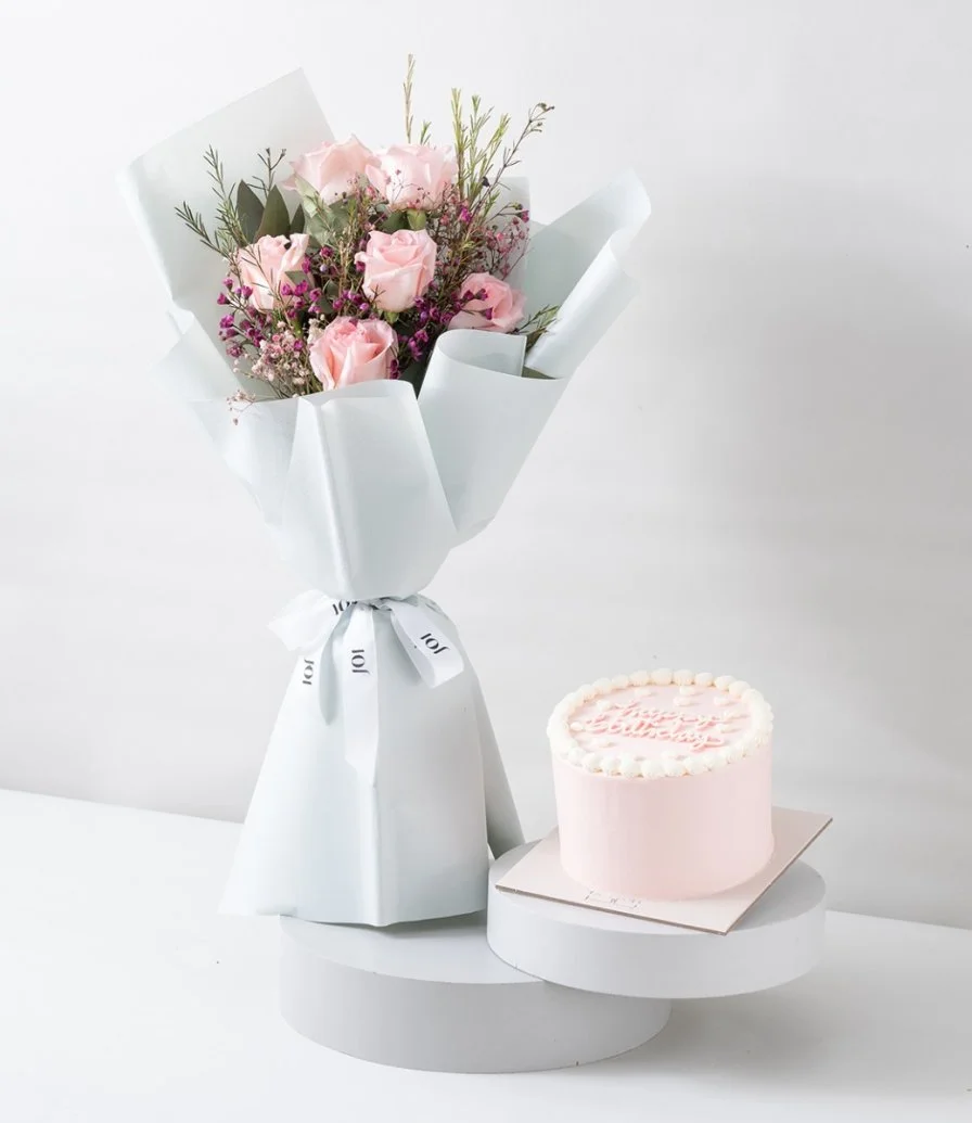 Petal Whisper Hand Bouquet & Happy Birthday Cake Bundle