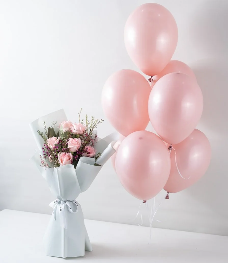 Petal Whisper Hand Bouquet & Pink Helium Latex Balloons Bundle