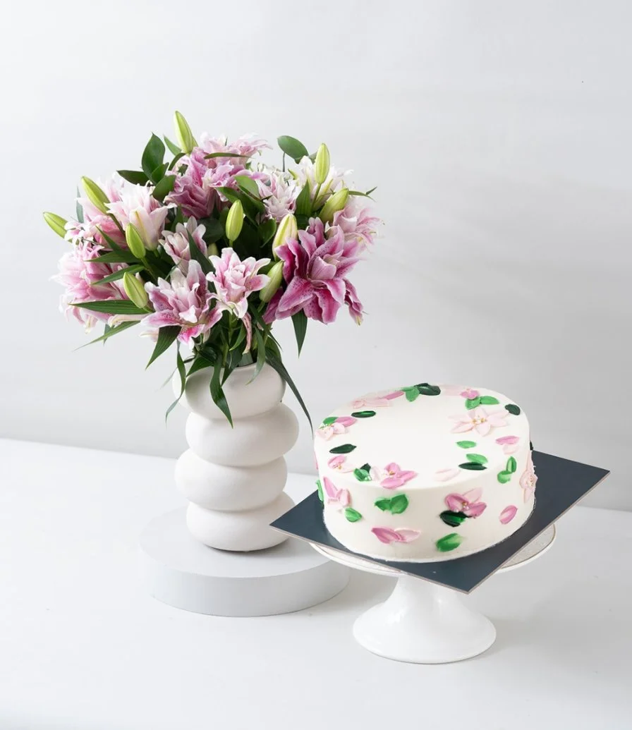 Pink Casablanca Majesty Flower Arrangement & Flowers Cake Bundle