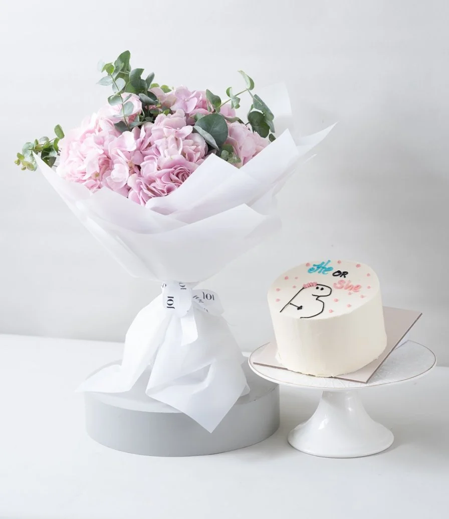 Pink Clouds of Hydrangea Bouquet & Baby Gender Reveal Cake Bundle