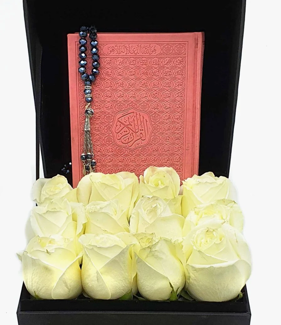 A Box Of Pink Quran Book with Rosary, Roses, & Chocolates