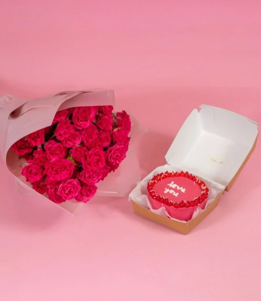 Pink Hand Bouquet and Lunch Box Cake Bundle by Cake Flake