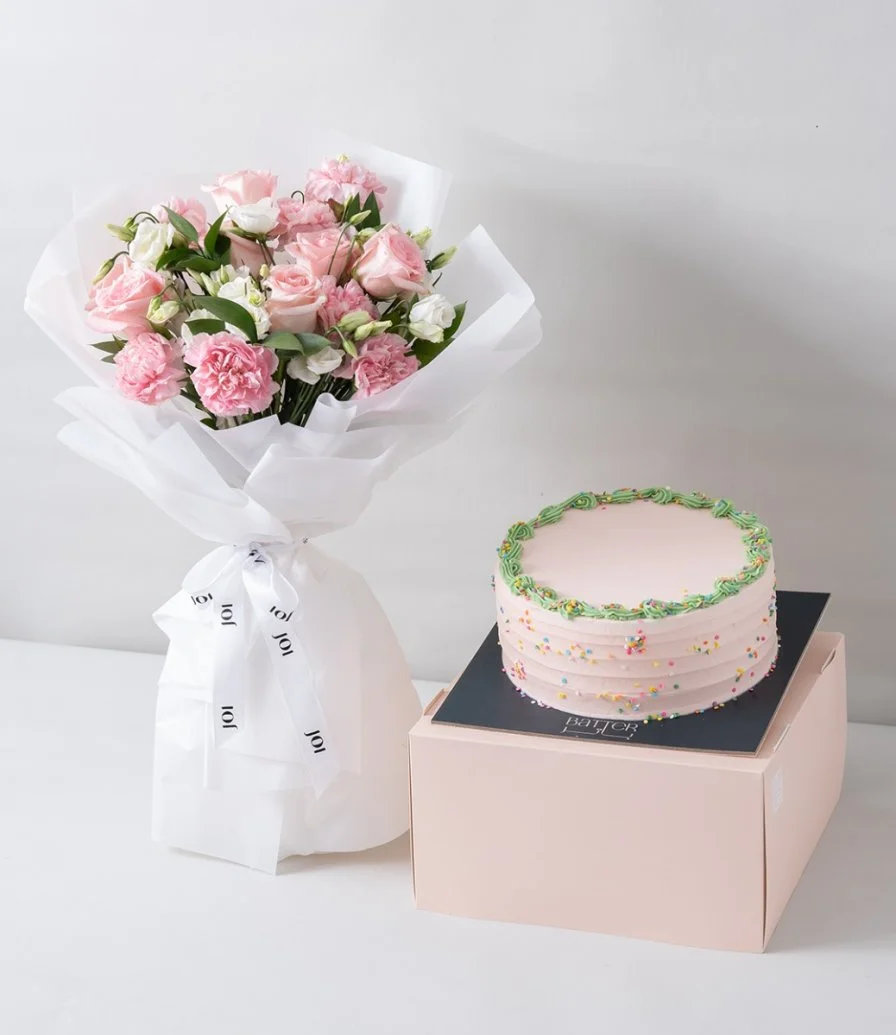 Pink Harmony Hand Bouquet & Confetti Birthday Cake Bundle