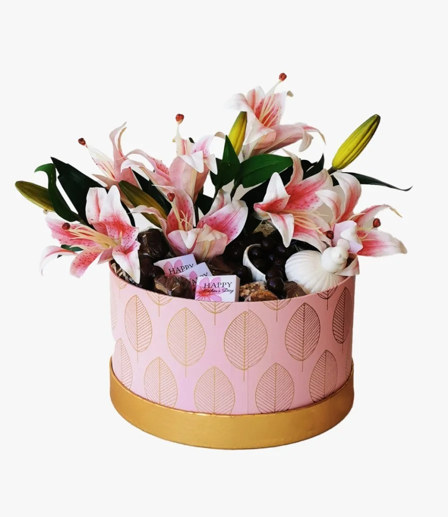 Pink Lilies & Chocolate Mothers Day Box By Eclat 