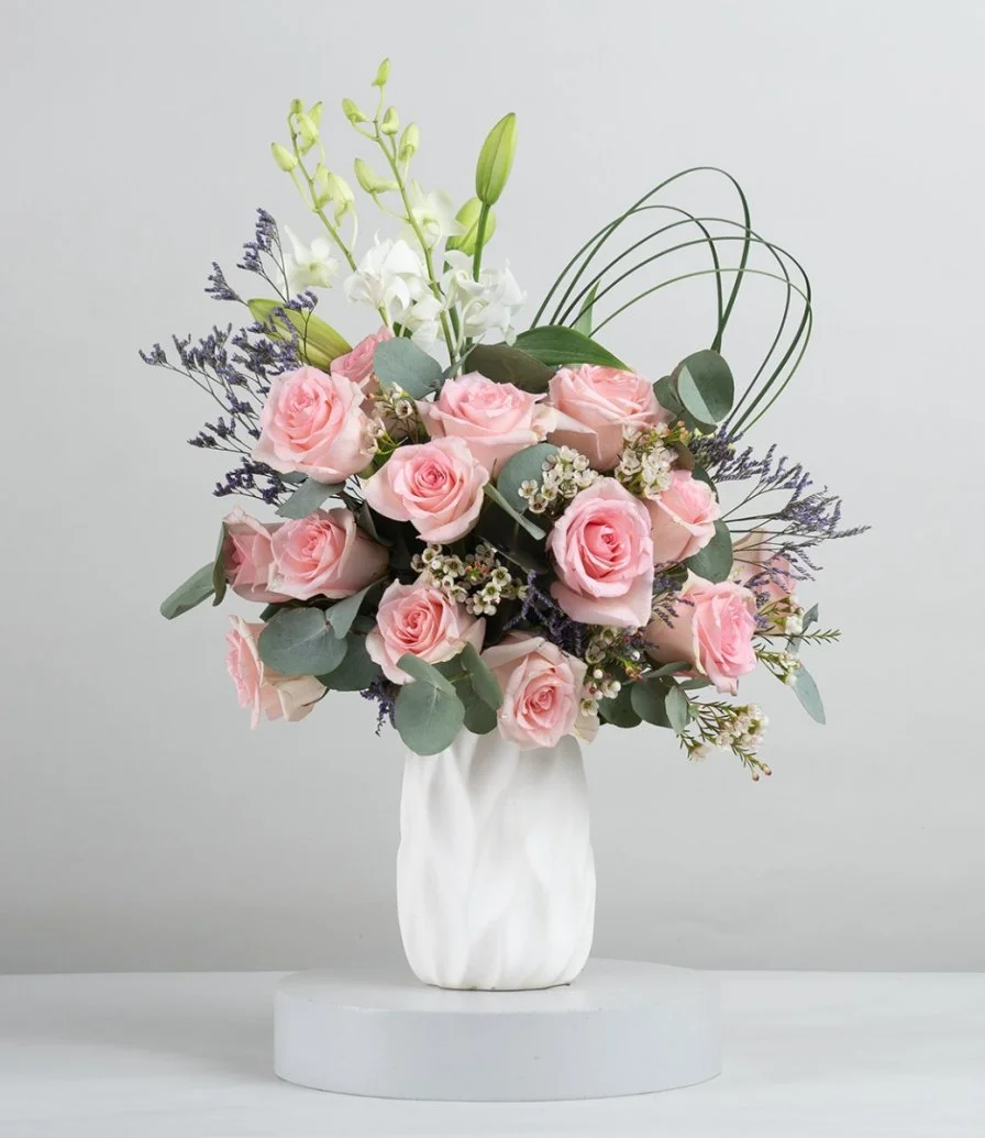 Pink Roses with White Vase Flower Arrangement