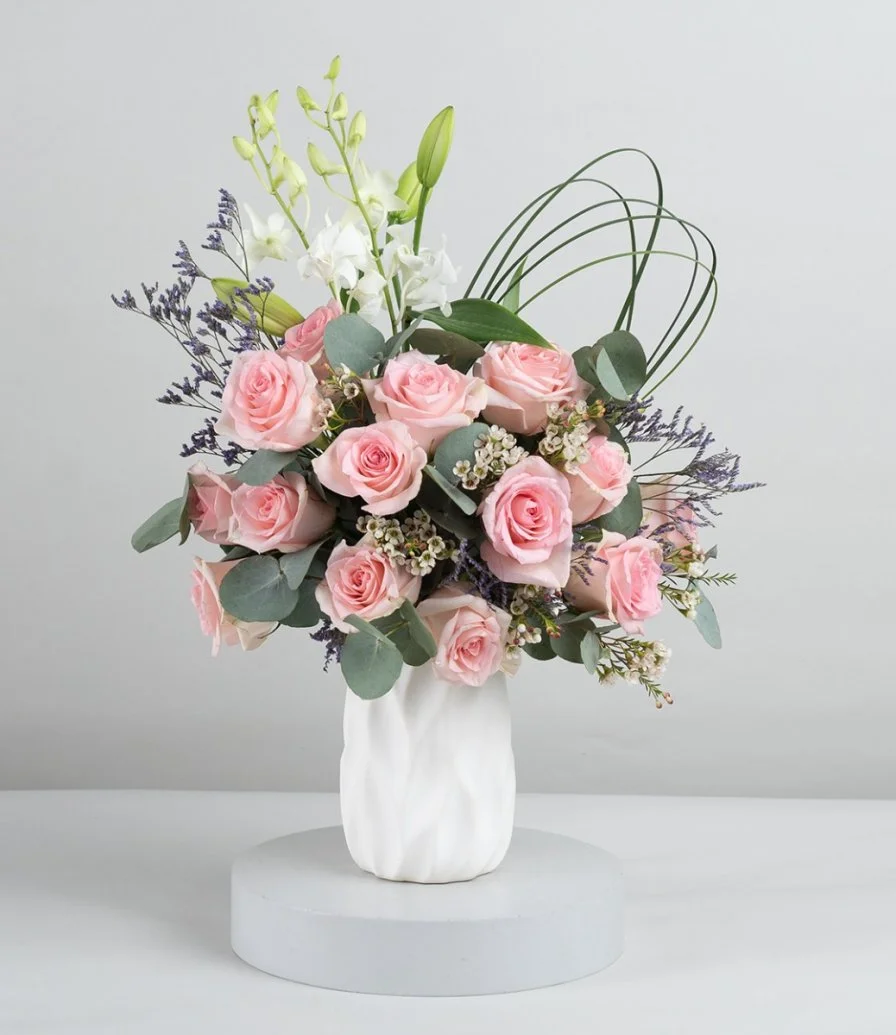 Pink Roses with White Vase Flower Arrangement