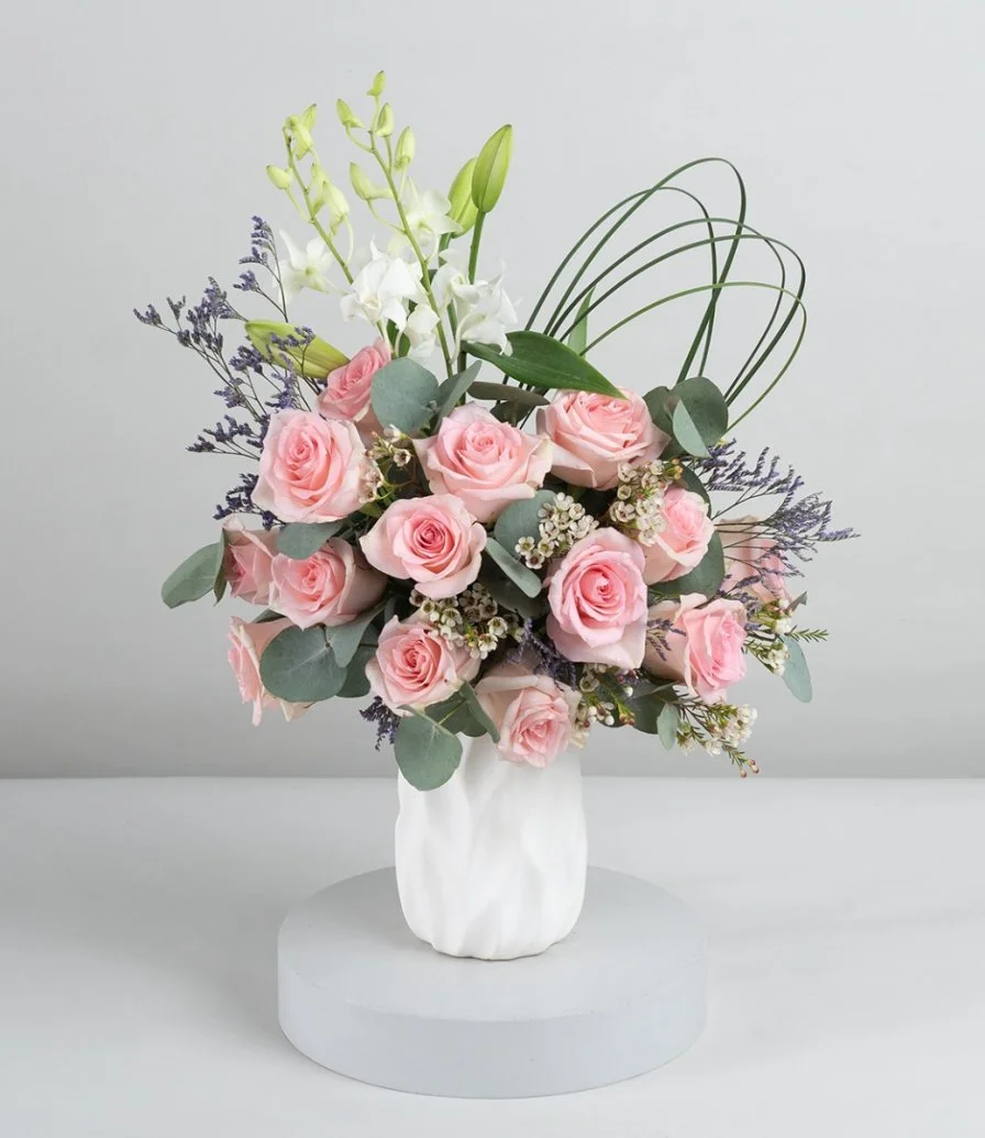 Pink Roses with White Vase Flower Arrangement