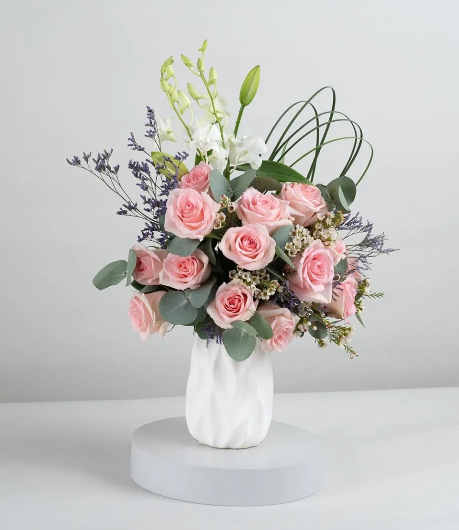 Pink Roses with White Vase Flower Arrangement