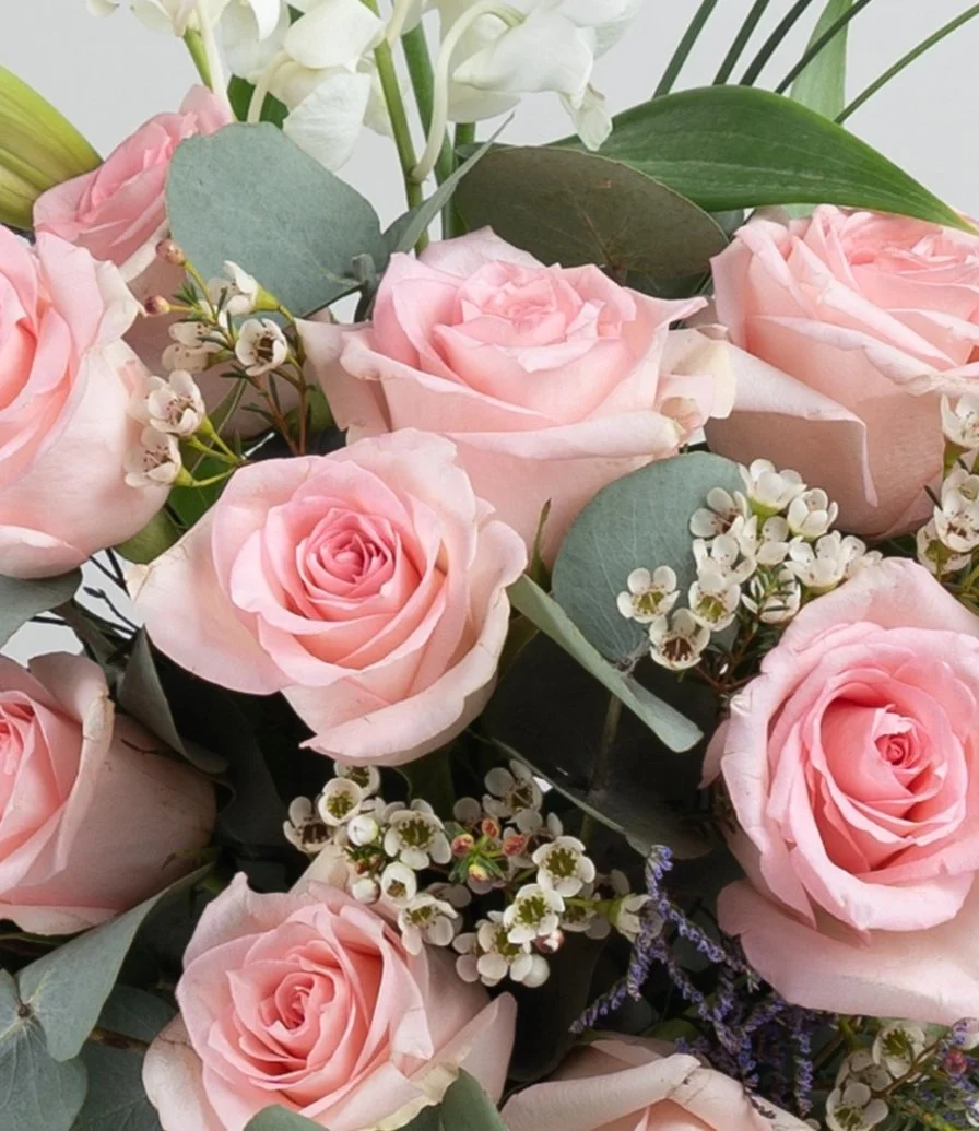 Pink Roses with White Vase Flower Arrangement