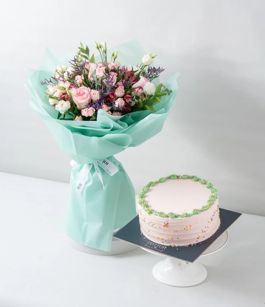 Pink Serenity Hand Bouquet & Confetti Birthday Cake Bundle