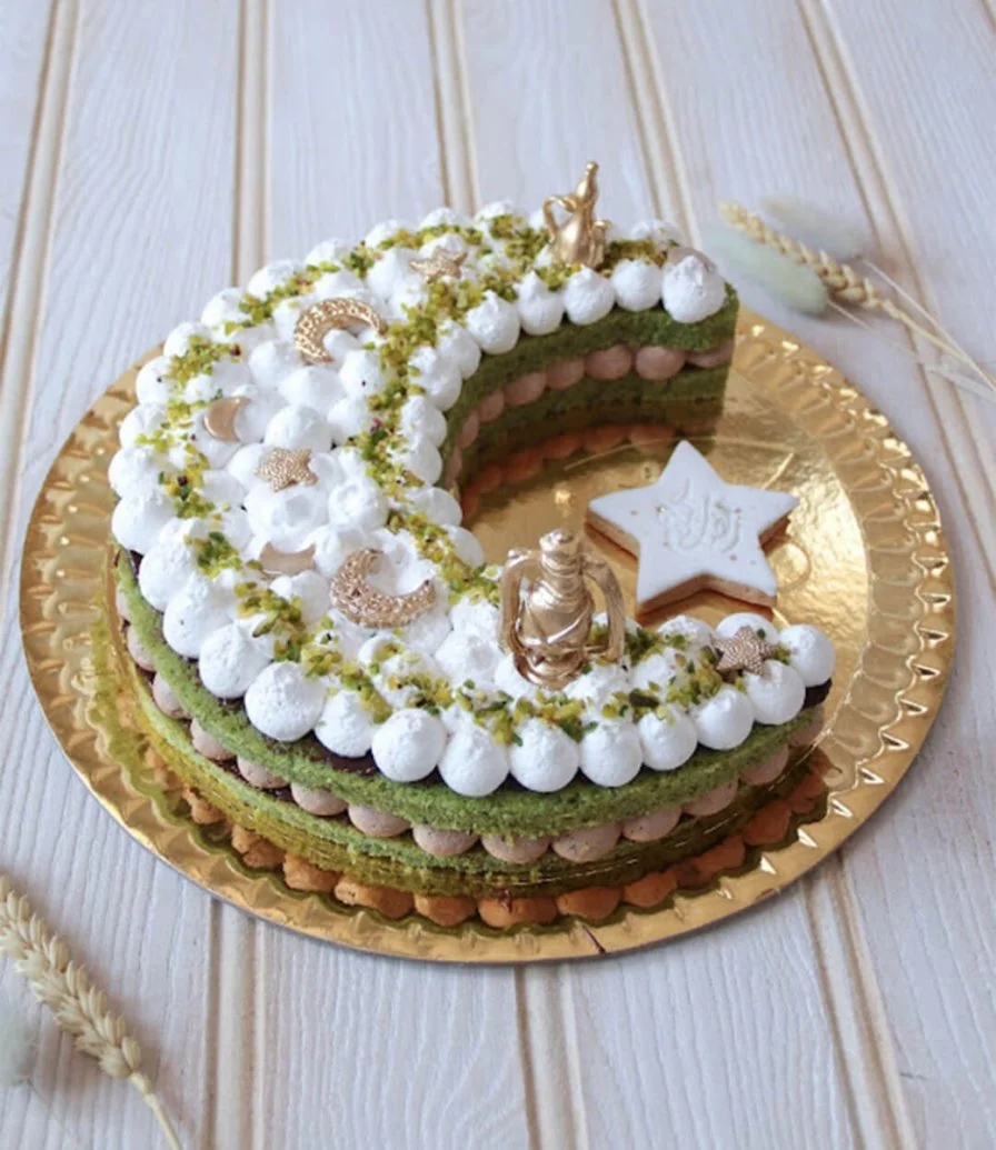 Pistachio Nutella Moon Crescent Hilal cake By Yummy Bakes