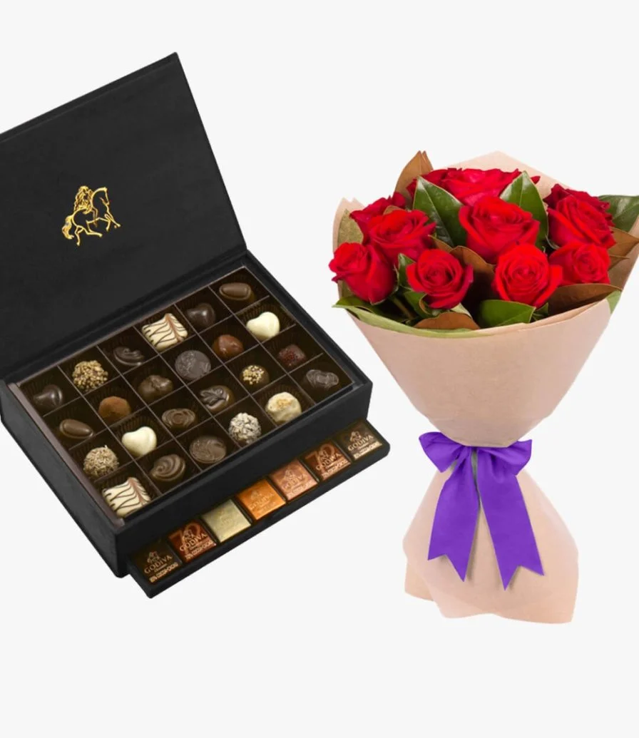 Godiva's Large Royal Box + FREE 12 Roses Hand Bouquet
