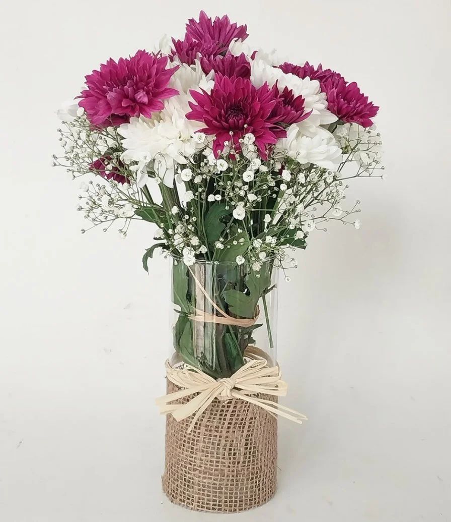 Purple and White Chrysanthemums Vase