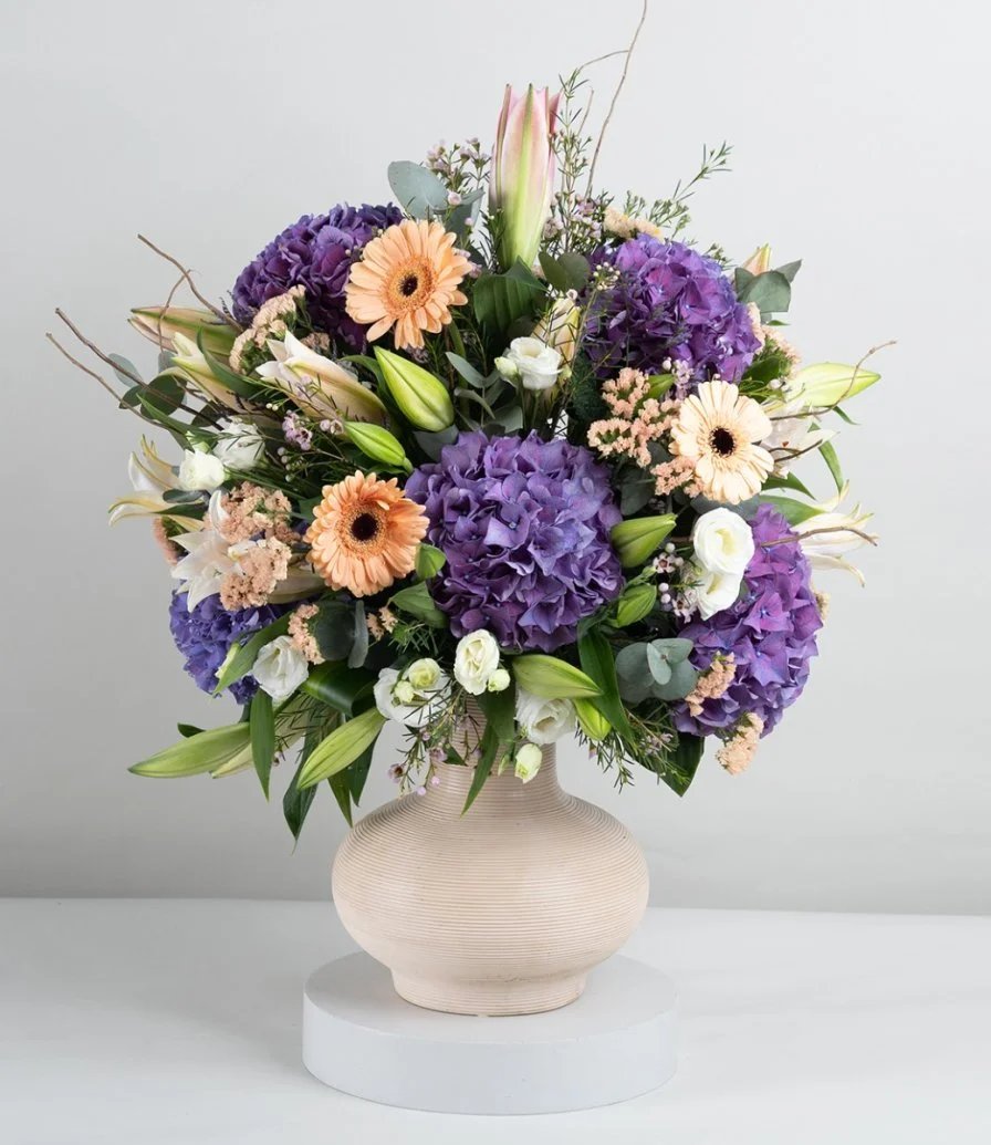 Purple Hydrangea and White Casablanca Flower Arrangement