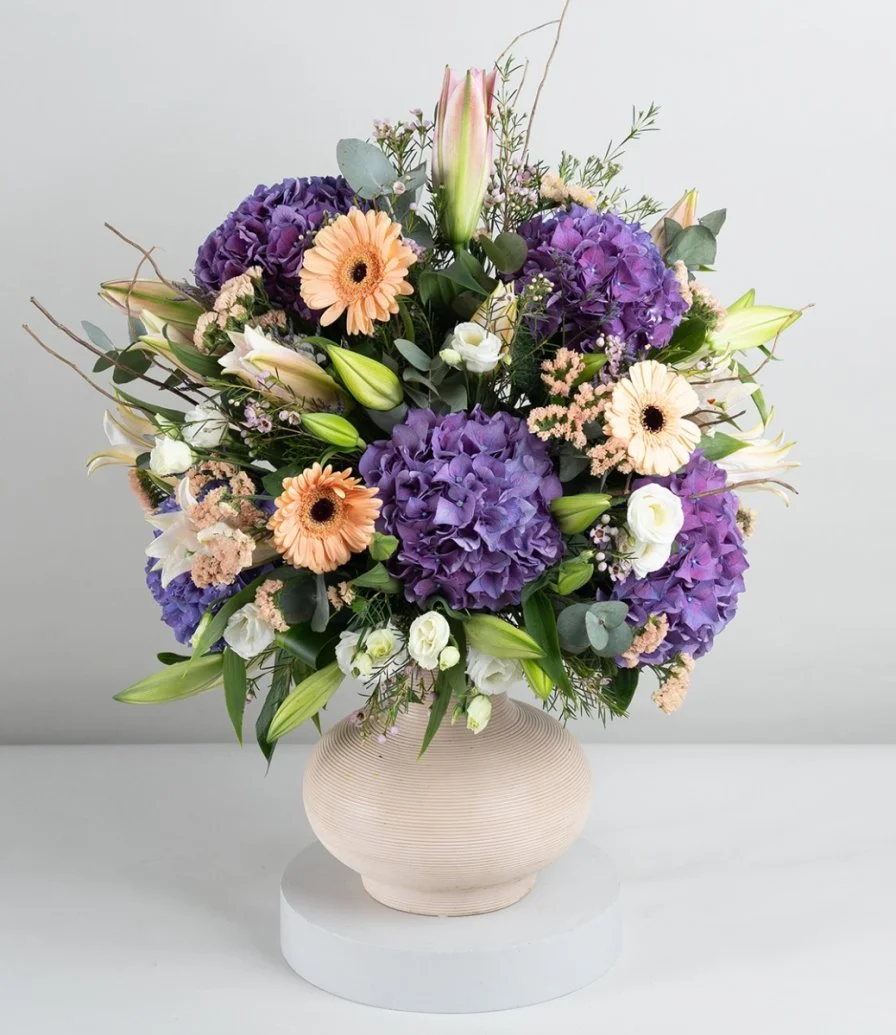 Purple Hydrangea and White Casablanca Flower Arrangement