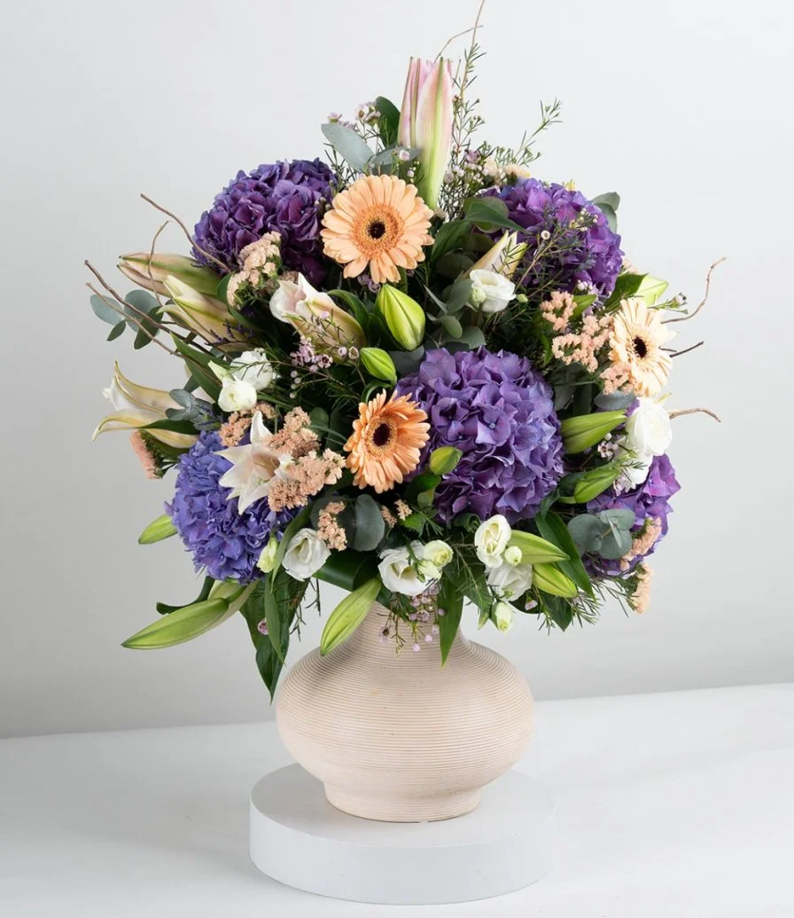 Purple Hydrangea and White Casablanca Flower Arrangement