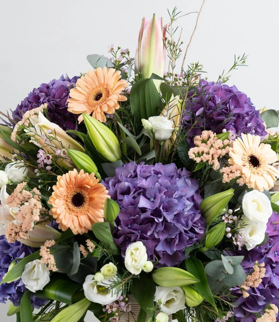 Purple Hydrangea and White Casablanca Flower Arrangement