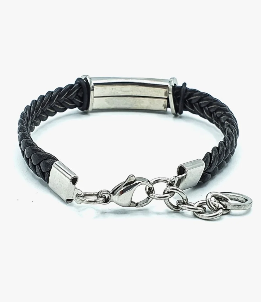 Rectangular Steel & Leather Braided Bracelet