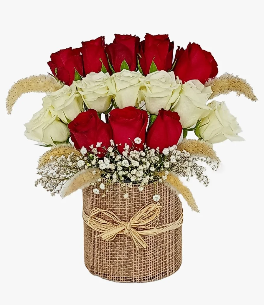 Red and White Roses Dried Plants Vase