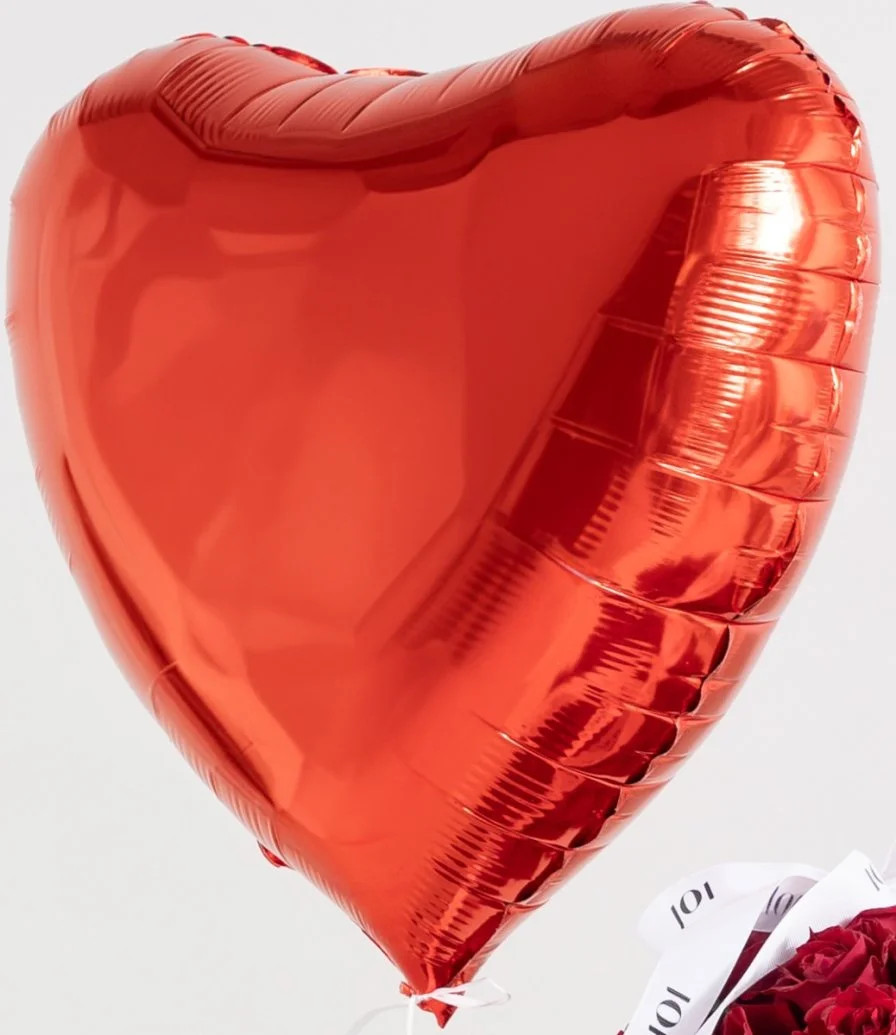Red Rose Dome Flower Arrangement and Red Heart Helium Foil Balloon Bundle