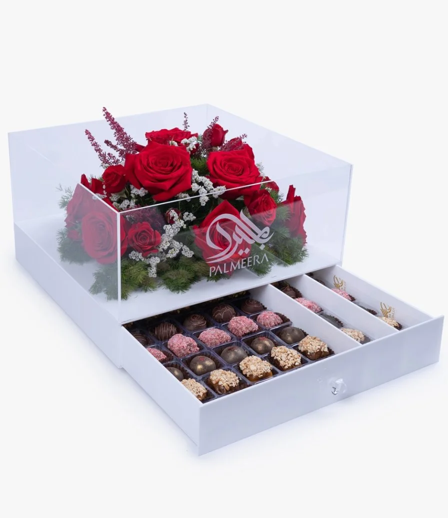 Red Roses and Acrylic Date &Chocolate Box by Palmeera