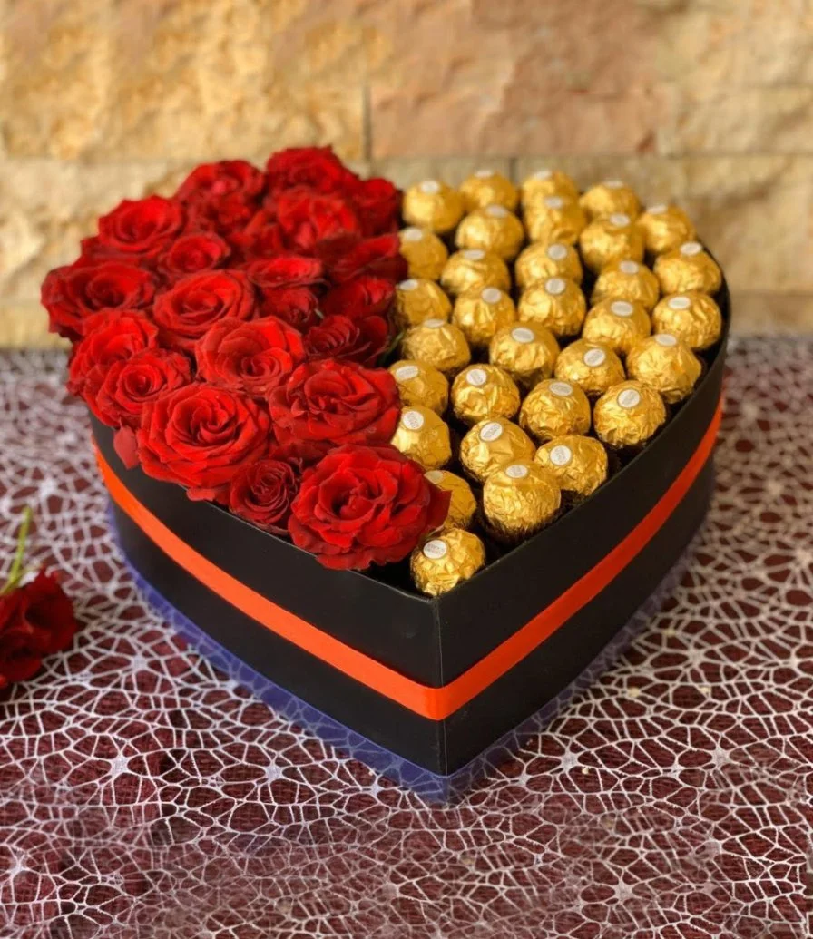 Chocolate and  Red Roses in A Heart Box