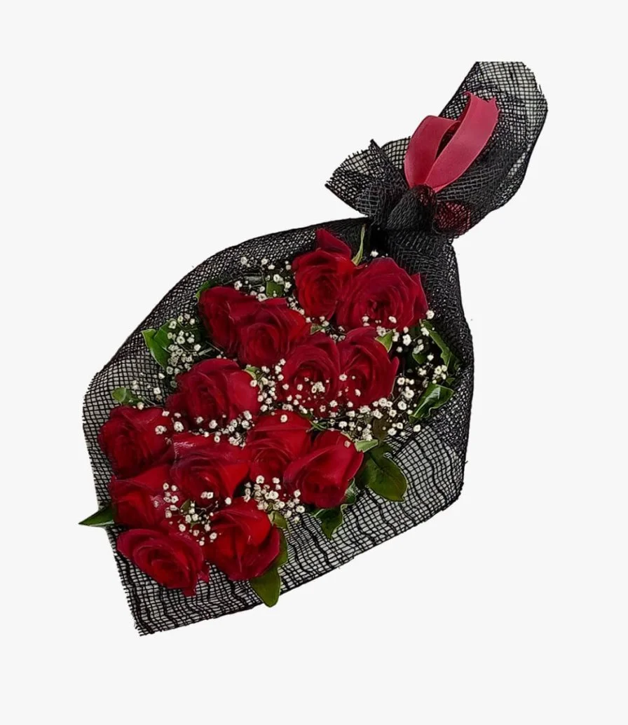 Red Roses in Black Jute Wrapping Front Facing Design