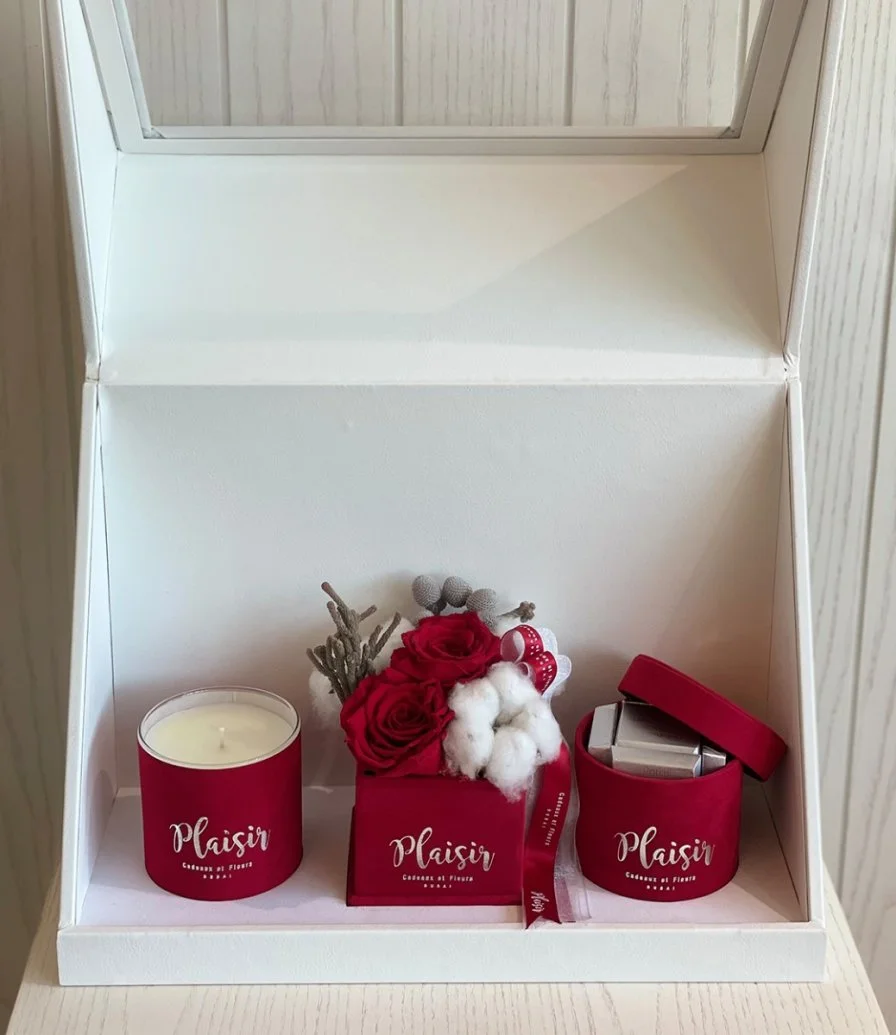 Red Trio Gift Box with Double Infinity Rose Arrangement by Plaisir