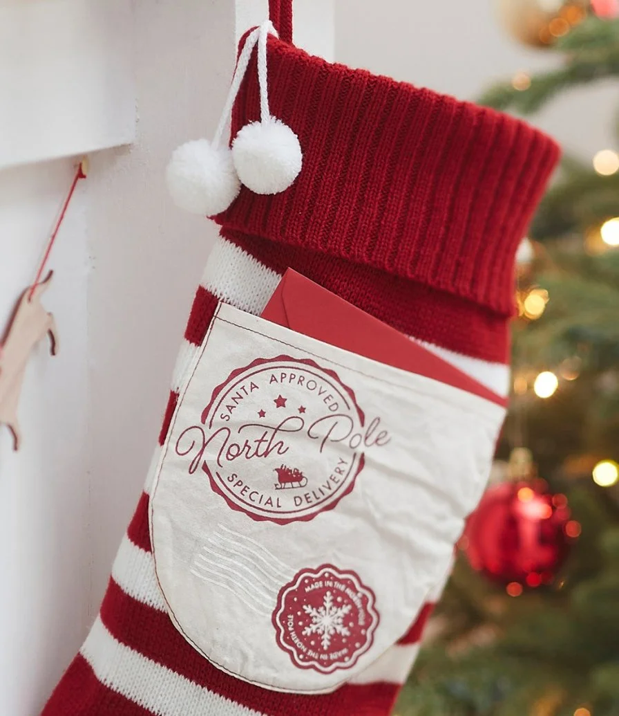Red & White Knitted Christmas Stocking with Pocket by Ginger Ray