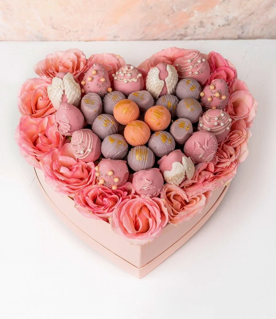 Roses, Assorted Truffles & Designer Strawberries Hamper by NJD