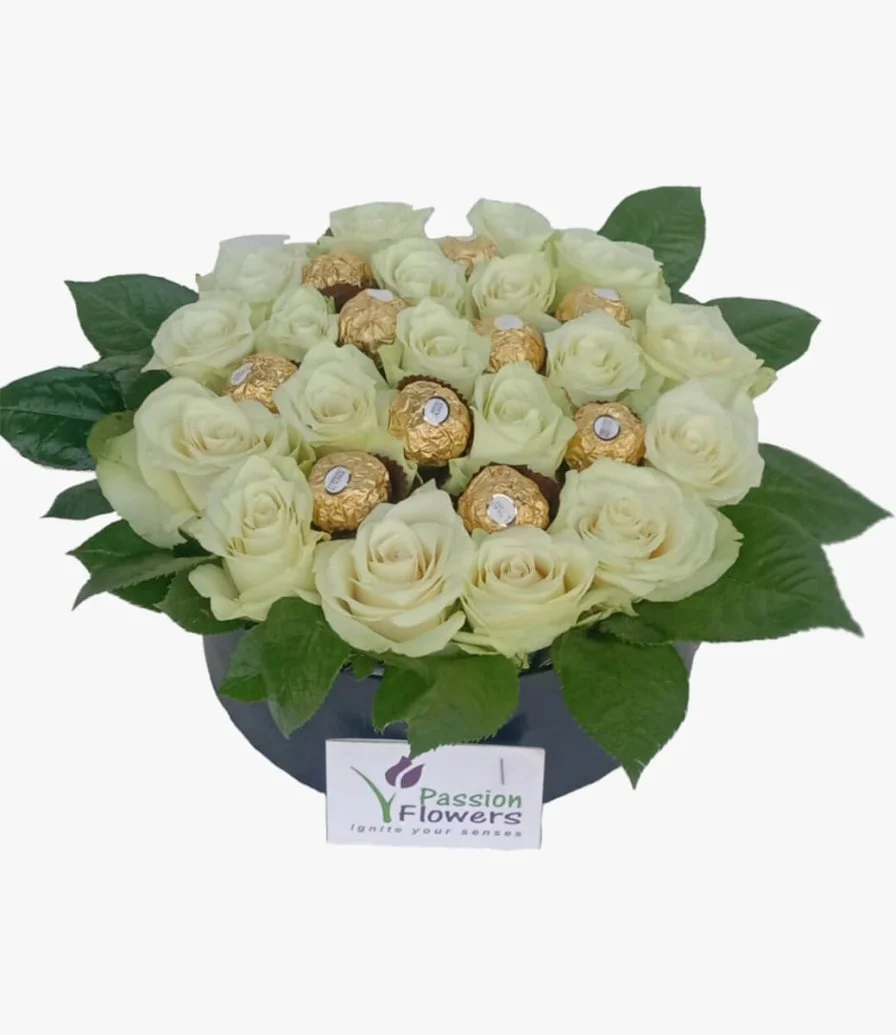Round Box, White Flowers and Ferrero Rocher 