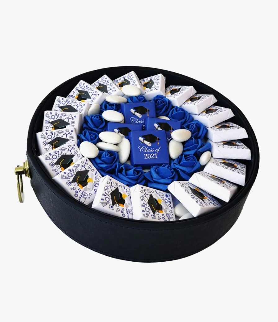 Round Graduation Chocolate Leather Tray With Blue Artificial Flowers By Eclat