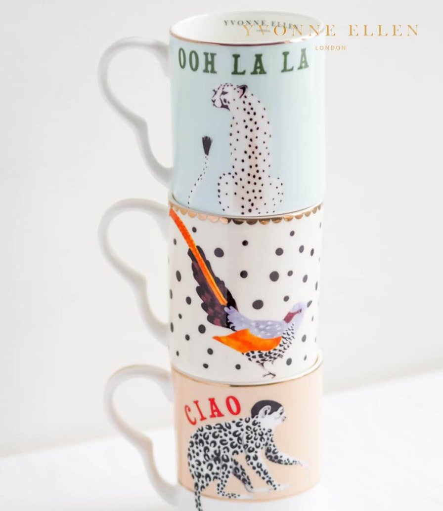 Set Of 2 Small Mugs Cheetah/Monkey By Yvonne Ellen