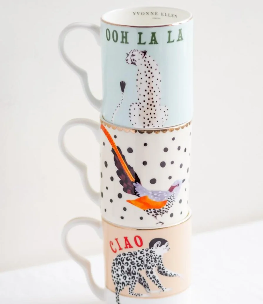 Set Of 2 Small Mugs Cheetah/Monkey By Yvonne Ellen