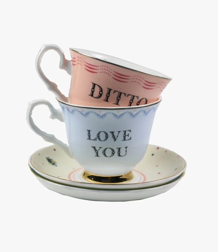 Set of 2 Teacups & Saucers (Love You, Ditto) by Yvonne Ellen