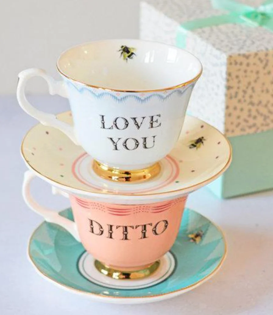 Set of 2 Teacups & Saucers (Love You, Ditto) by Yvonne Ellen