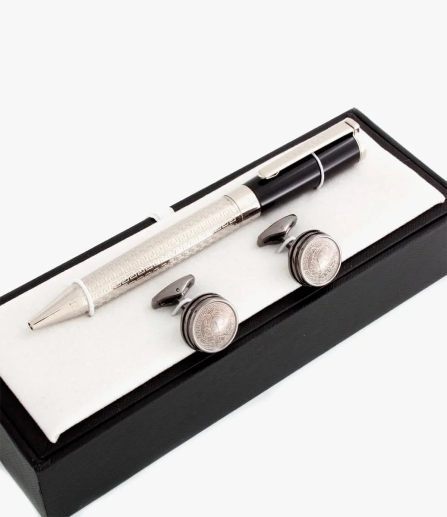 Silver & Black Pen & Cufflinks Gift Set by Mecal