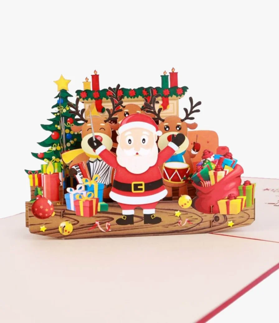 Singing Santa & Reindeers Fireplace 3D Card by Abra Cards