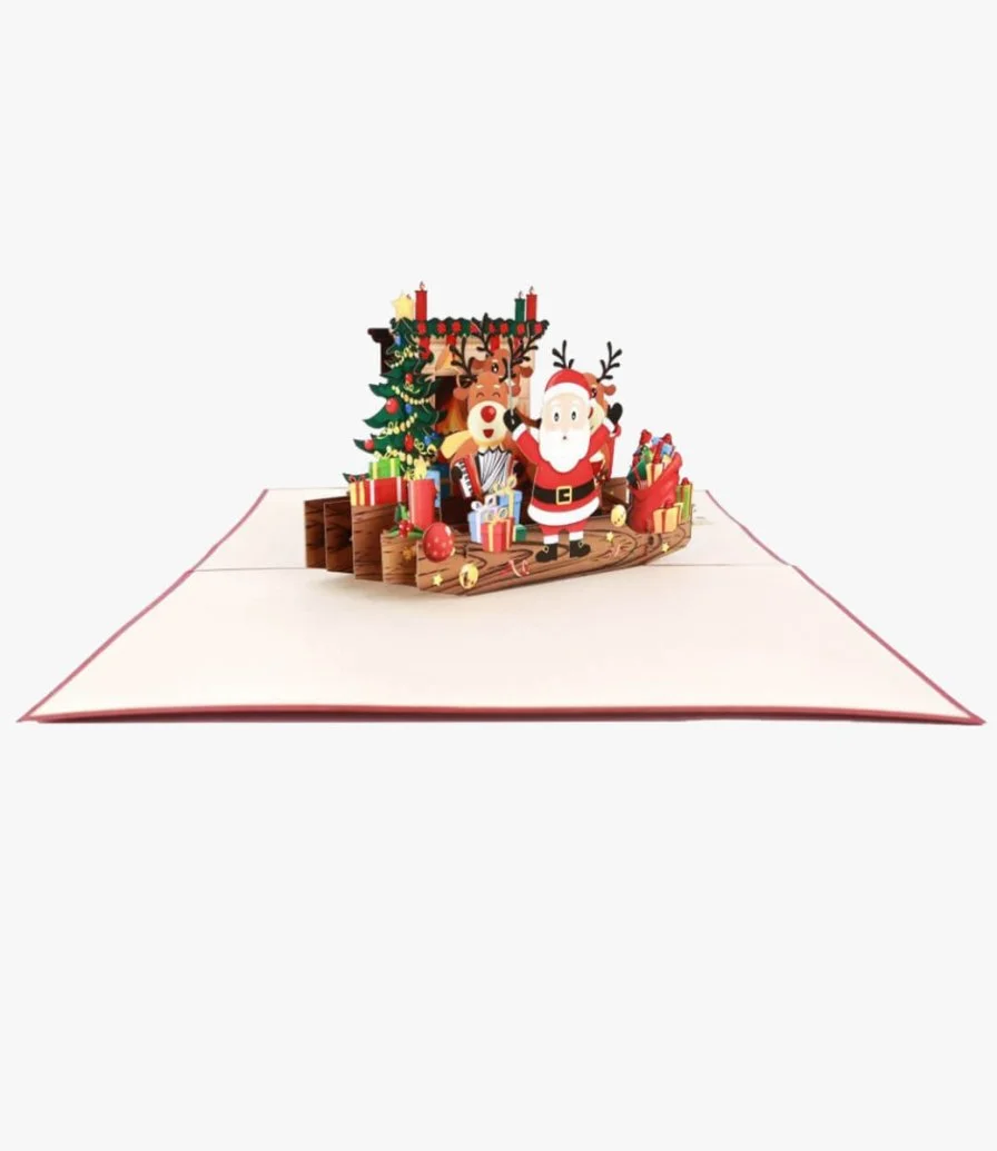 Singing Santa & Reindeers Fireplace 3D Card by Abra Cards