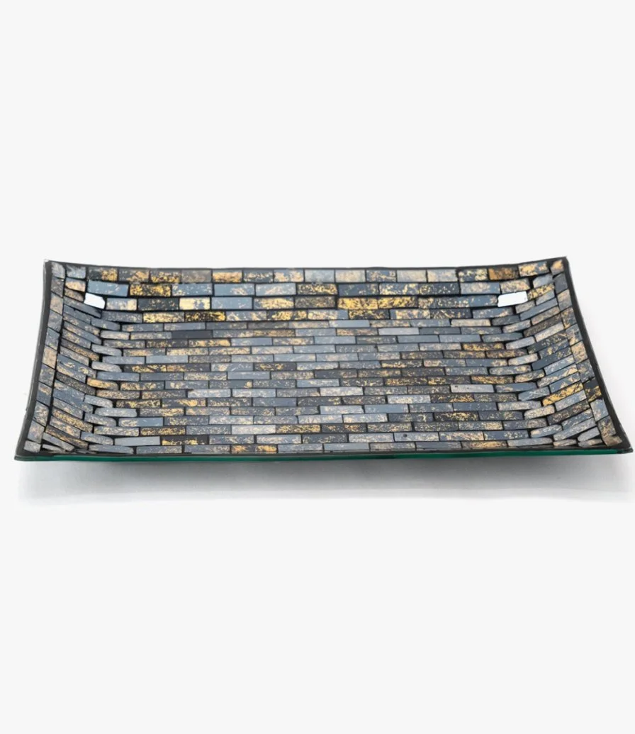 Small Black and Gold Mosaic Rectangle Glass Plate By Bostani 