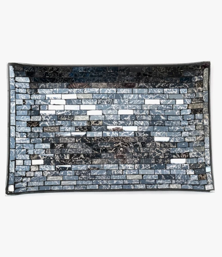 Small Black and Silver Mosaic Rectangle Glass Plate By Bostani 