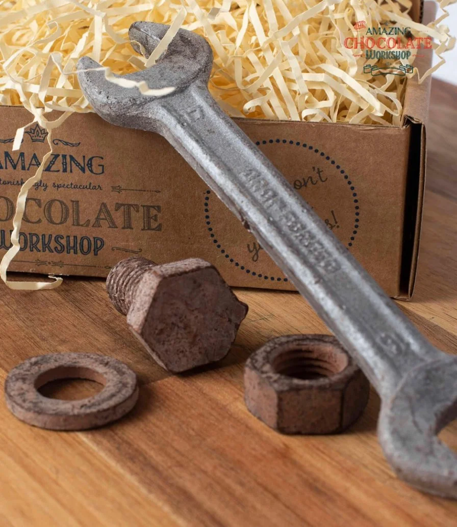 Small Spanner with Small Bolt, Nut  & Washer Chocolate Set by The Amazing Chocolate Workshop