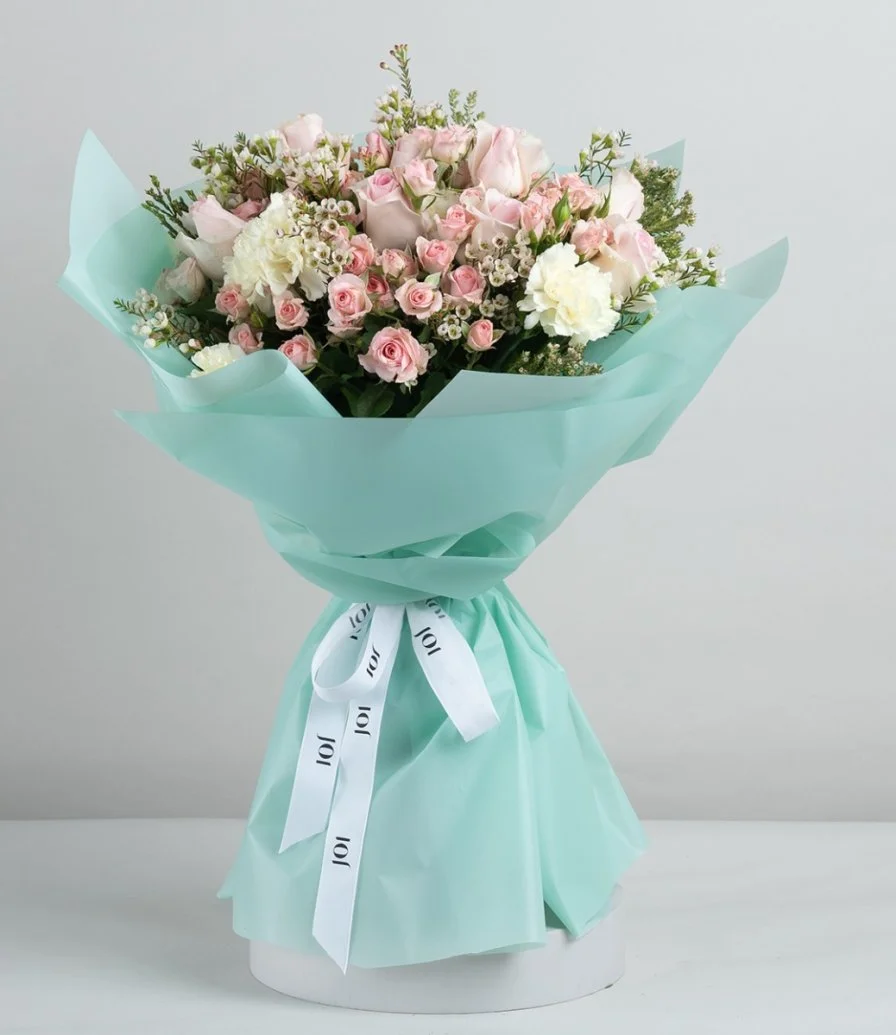 Summer Pink Roses Hand Bouquet with green Wrapping paper