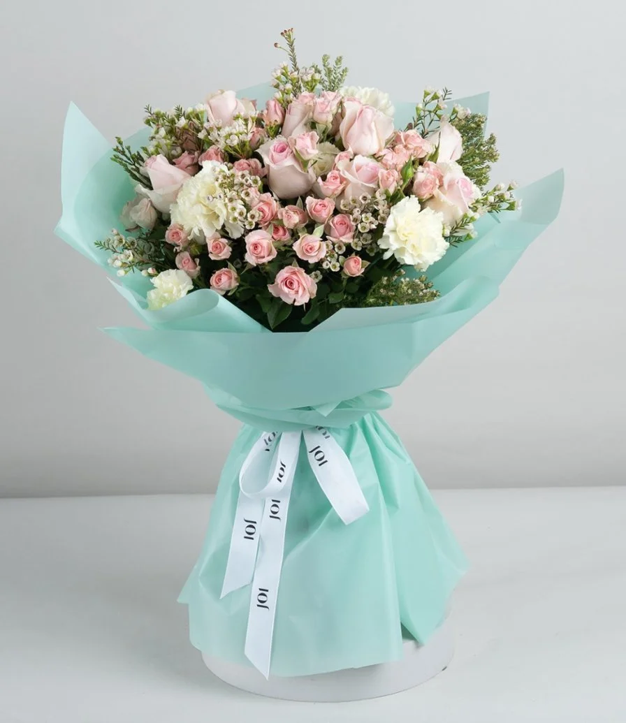 Summer Pink Roses Hand Bouquet with green Wrapping paper