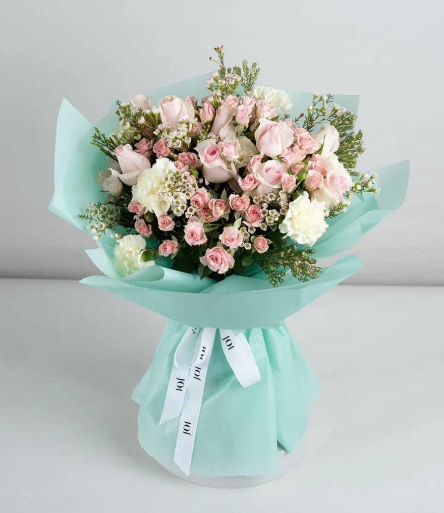 Summer Pink Roses Hand Bouquet with green Wrapping paper