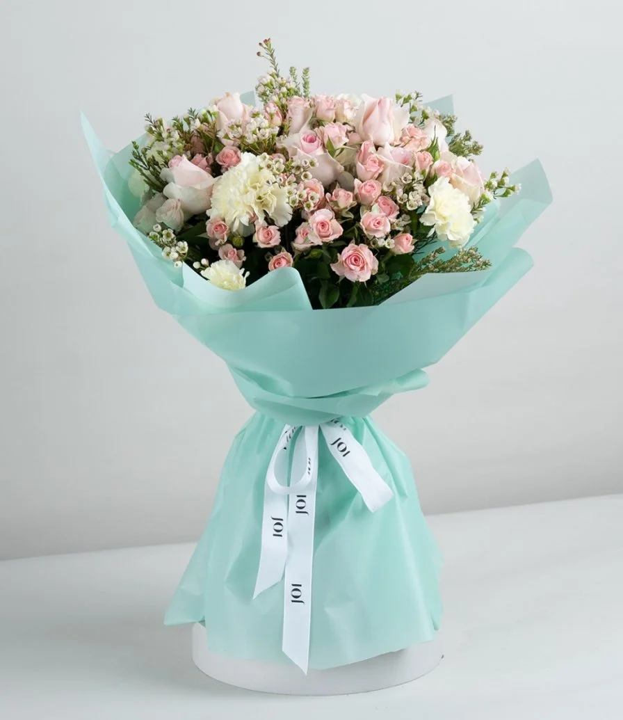 Summer Pink Roses Hand Bouquet with green Wrapping paper