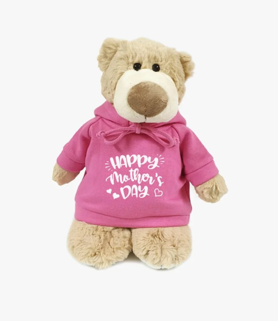 Mascot Bear With Trendy Pink Hoodie With Happy Mother's Day Message. 