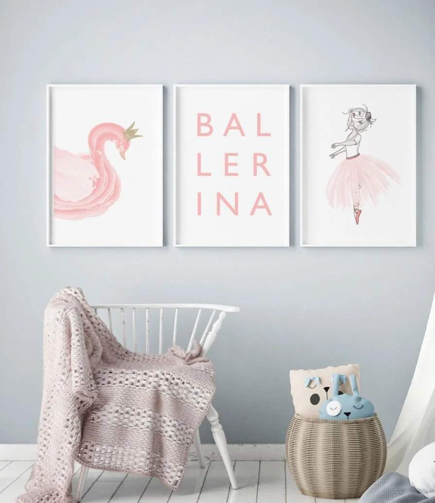 Set of 3 Wall Art Prints - Pink Ballerina Swan by Sweet Pea