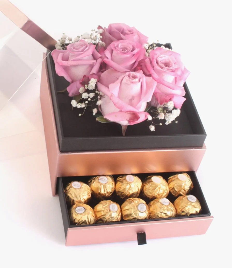 Sweet Rosy Chocolate and Flower Arrangement